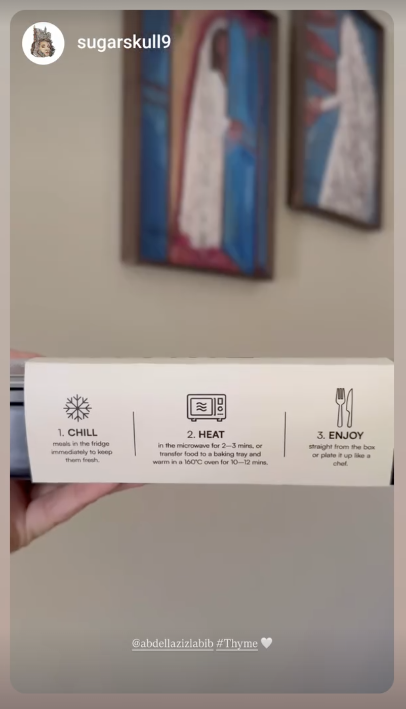 Instagram story from @sugarskull9 featuring a THYME meal.