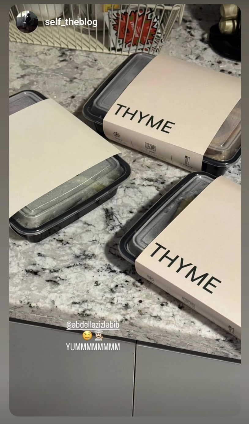 Instagram story from @self_theblog featuring a THYME meal.